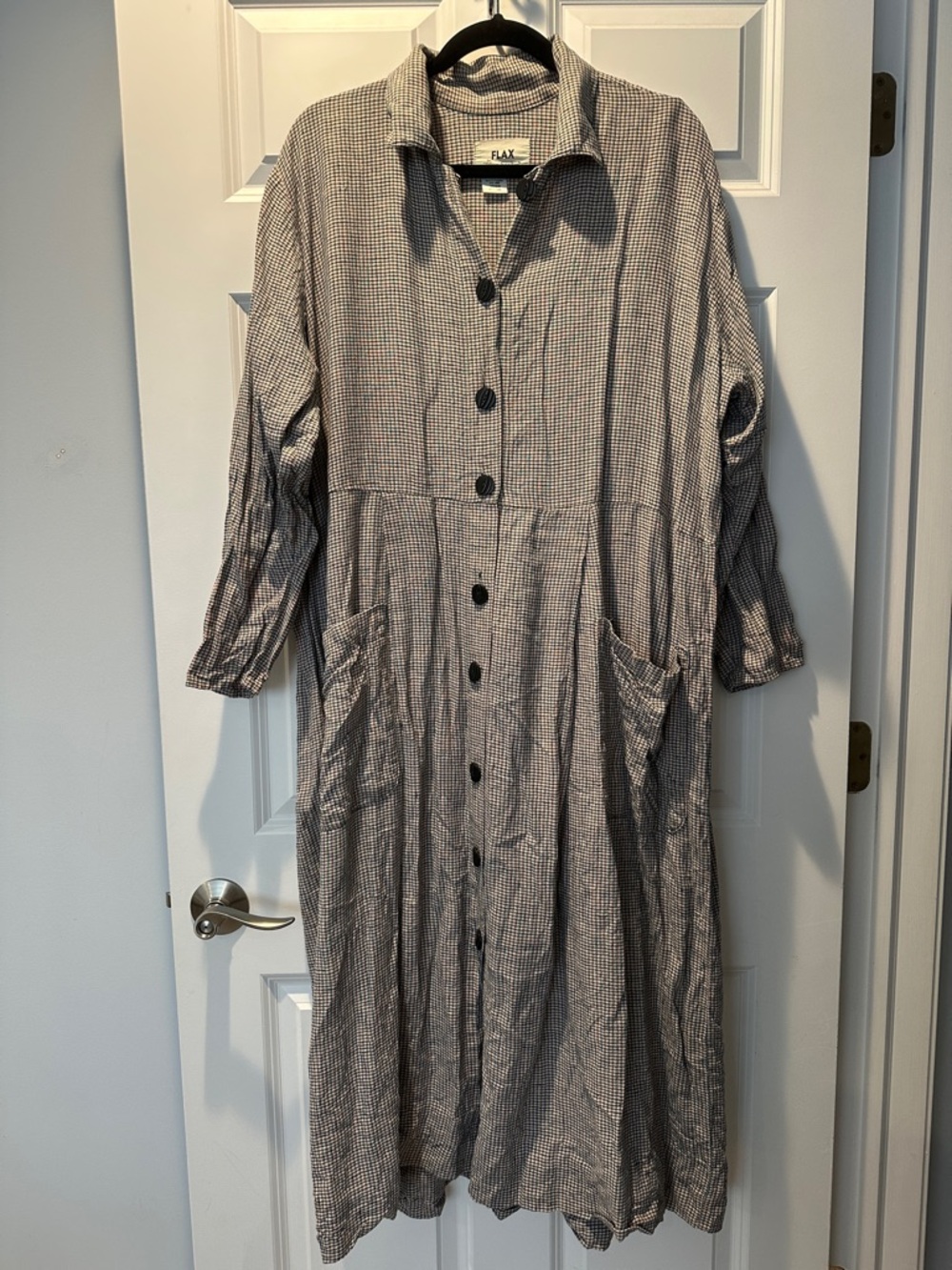 Flax Button-Front Full Length L/S Dress. Black Weave M 50” Bust. Cool Comfort